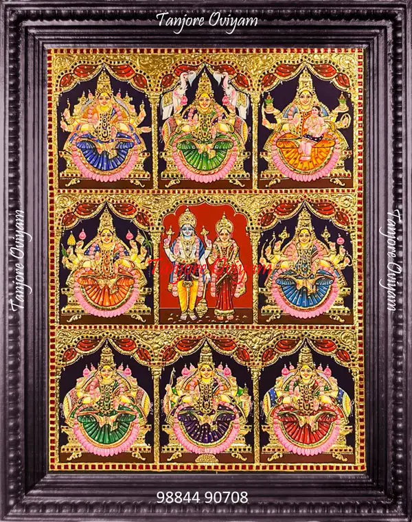 Ashtalakshmi Tanjore painting with 8 Lakshmi forms gold foil traditional multi panel Lakshmi artwork